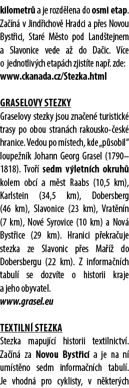 kilometr a je rozd lena do osmi etap. Za  n  v Jind ichov  Hradci a p es Novou Byst ici, Star  M sto pod Land tejnem...