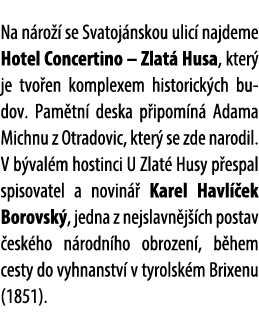 Na n ro  se Svatoj nskou ulic  najdeme Hotel Concertino – Zlat  Husa, kter  je tvo en komplexem historick ch budov. ...
